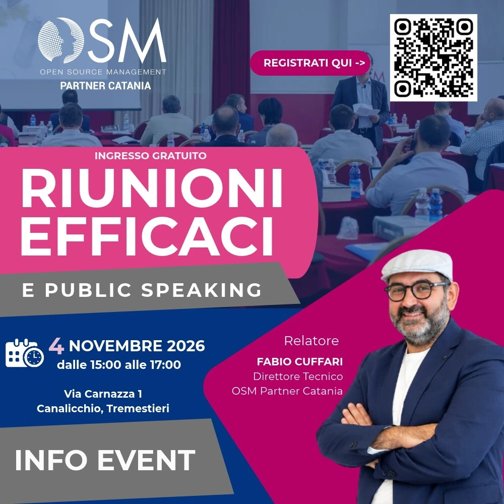 Locandina dell’info event gratuito “Riunioni efficaci e public speaking” di OSM Partner Catania: 4 novembre 2026, dalle 15:00 alle 17:00, Via Carnazza 1, Canalicchio, Tremestieri. Relatore Fabio Cuffari, Direttore Tecnico OSM Partner Catania.